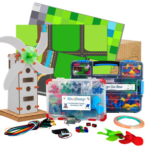 3DuxDesign grades 6–9 STEM bundle with unique connector system, GoBox, renewable energy kit, wind turbine model, circuits, and cardboard building materials