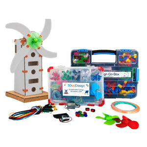 3DuxDesign GoBox Sustainable Energy STEM kit with unique connector system, cardboard building materials, motors, propellers, circuits, wires, and renewable energy supplies