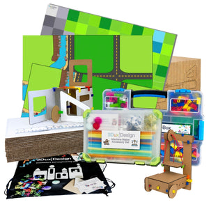 3DuxDesign K–2 classroom STEM bundle with unique connectors, GoBox, Machine Maker accessories, cardboard building materials, and simple machine model