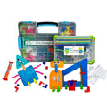 colorful stem modeling kit with plastic connectors, cardboard shapes and mini motors with characters