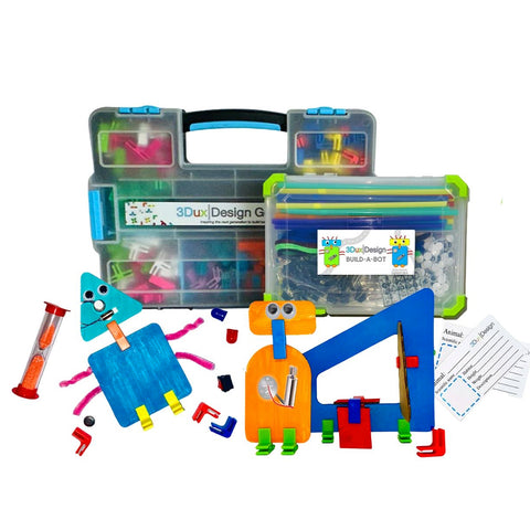 colorful stem modeling kit with plastic connectors, cardboard shapes and mini motors with characters