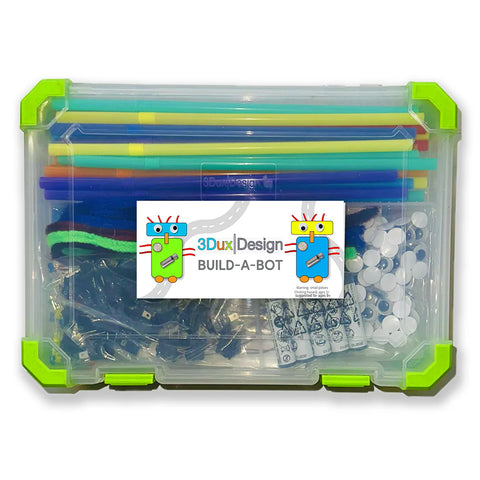 Clear storage box with colorful components and 3Dux Design branding on a white background