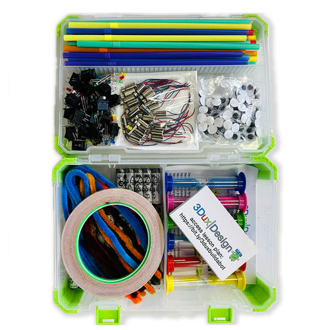 Open container of electronic components with a 3D Pen Design label on a white background