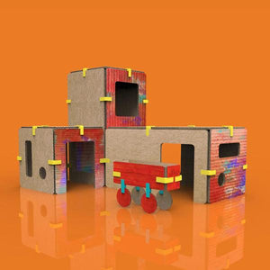 painted sustainable 3d architectural firehouse and firetruck model kit for children with cardboard and connectors 