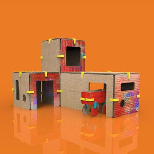 red painted firetruck and firehouse 3d puzzle with cardboard and connectors for children